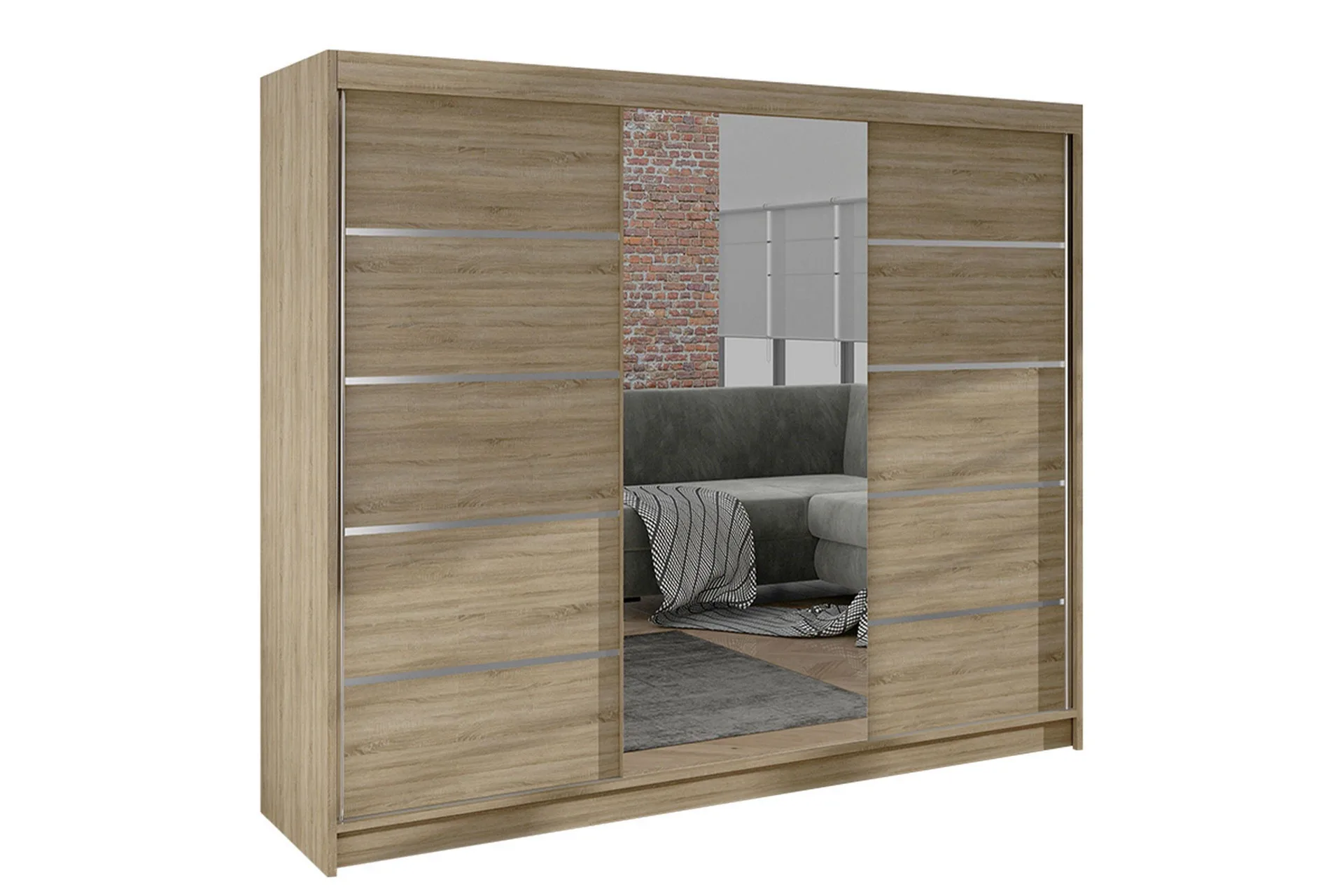 Cyria Vaatekaappi tilavalla Säilytyksellä ja Liukuovilla sekä Peilillä 200x215 cm - Beige
